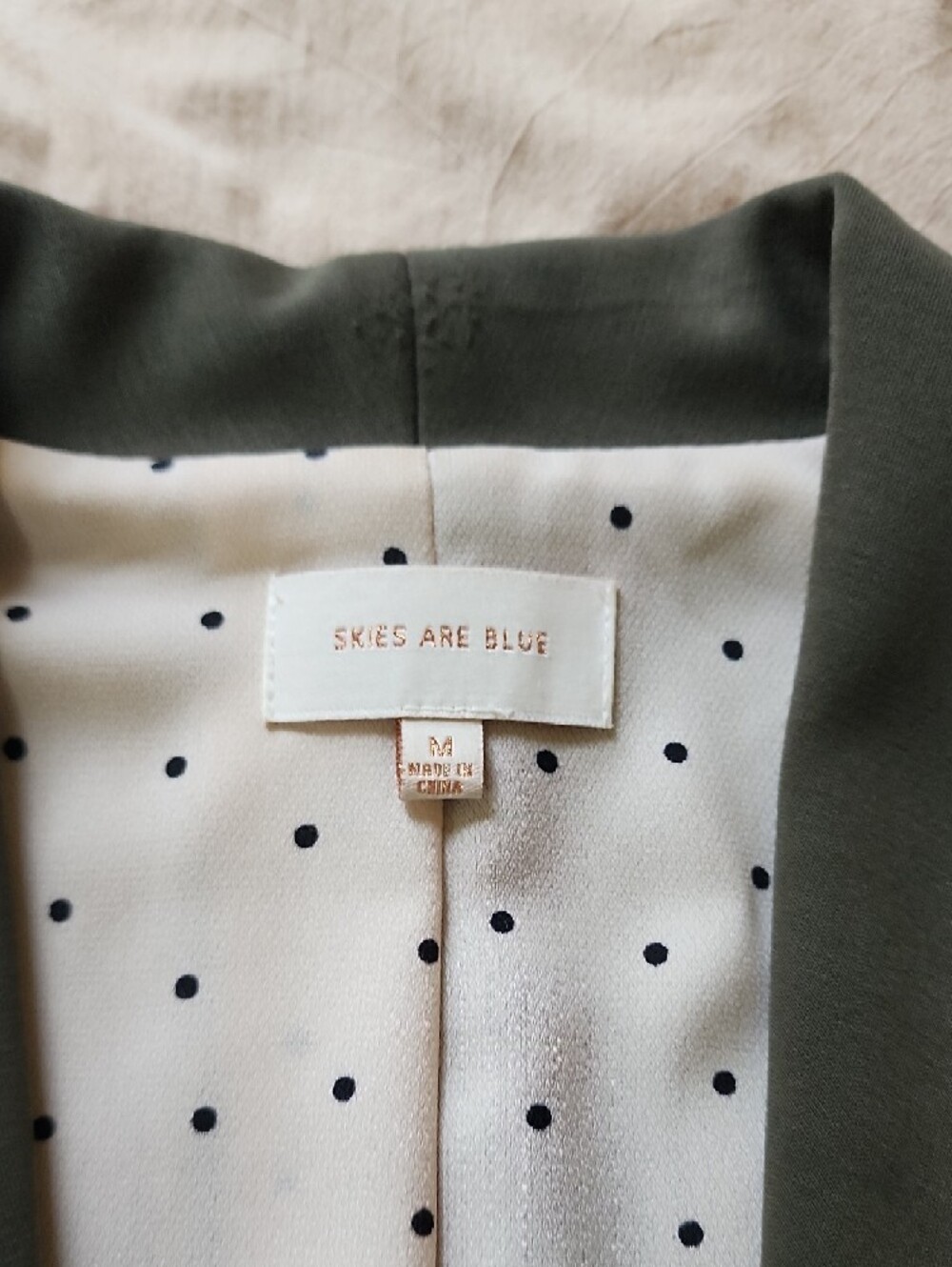 Skies Are Blue Olive Green Open-Front Blazer with Polka Dot Lining - Picture 4 of 7
